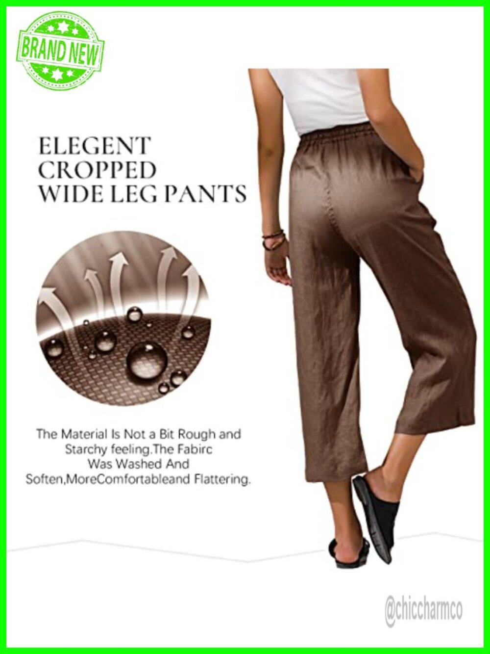 Linen Blend Cropped Wide Leg High Rise Pants Drawstring - Picture 3 of 6